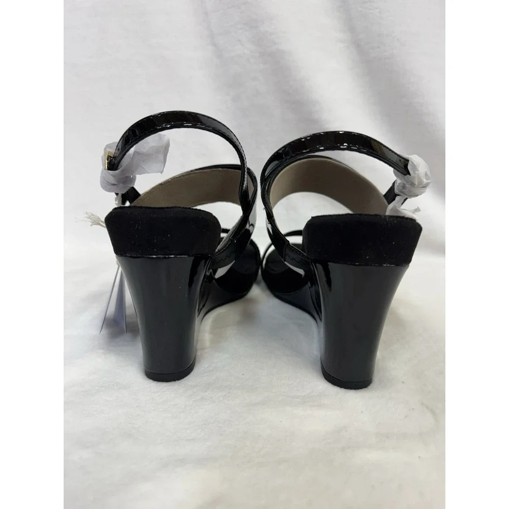 Aerosoles Petra Women's Wedge Sandals Black Patent Faux Leather Size 9.5